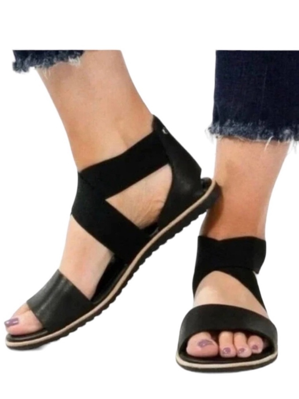 NEW Sorel Ella Flat Leather Sandals Size 8.5 Black Women’s